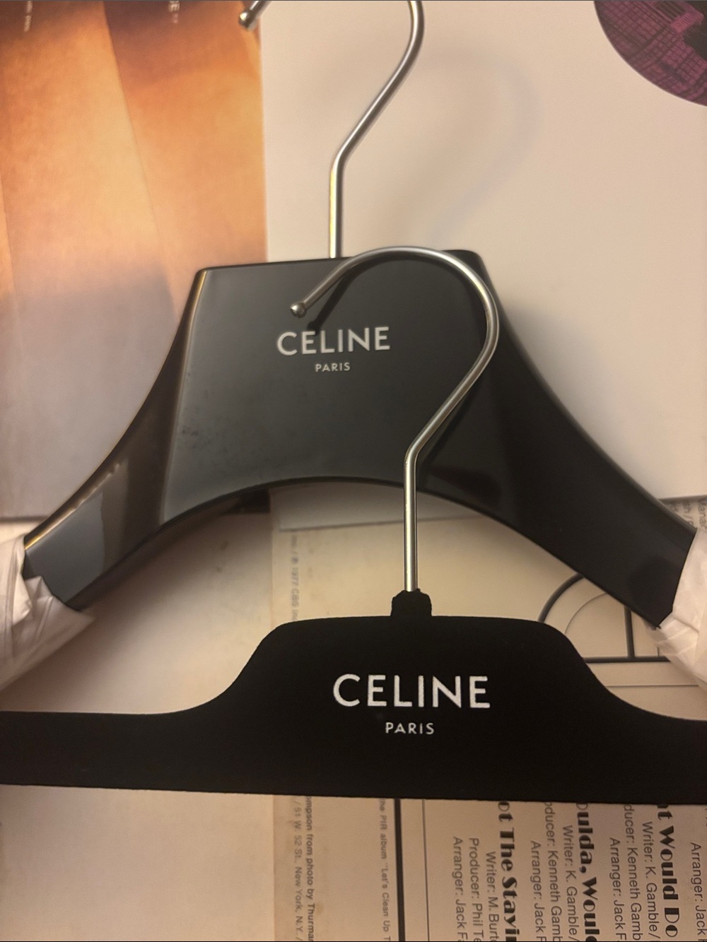 Celine Black Gloss and Black Velvet Logo Hangers